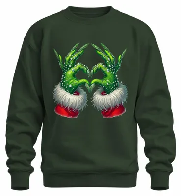 Productafbeelding van Grinch-thema, handafdruk, hart, glitter, kerst, lelijke kersttrui, sweatshirt, trui, flessen groen, maat S