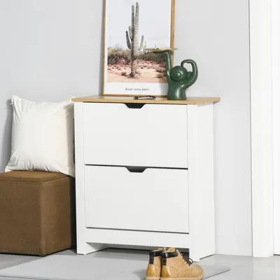 Produktbild von Schuhregal Schuhkipper, Schuhschrank mit Klapptüren, 2 Fächer, Weiß Naturholz | Spanplatte MDF | 12 Paar | 72 x 26 x 80 cm
