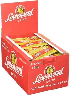 Groß Verpackungsbild LOEWENSENF Extra scharf Portionsbeutel scharf servieren 120x10ml