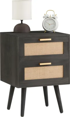 Produktbild von Nachttisch WAMAN mit 2 Schubladen, Nachtkommode aus Paulownia Holz und Jute Geflecht, Nachtschrank im Retro Design in schwarz, Boho