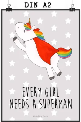 Produktbild von Mr. & Mrs. Panda Bild Einhorn Super DIN A2 - Grau Pastell - Geschenk, Unicorn, drucke, wanddeko, Einhörner, Superheld, Wanddekoration, Kunstdruck, Held, Plakat, Freundin