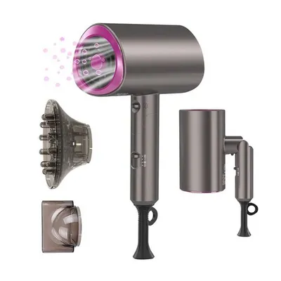 A hairdryer and its attachments are displayed against a white background.