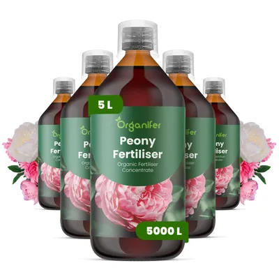Obrázok produktu pre Tekuté hnojivo Pivónia, 5 x 1 L – vzorec NPK 2-1-8 – pre pivónie – podporuje dlhodobé kvitnutie, vitalitu a silný rast – organické