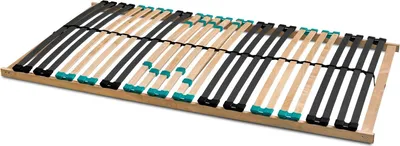 A wooden bed slatted base with black and teal plastic fittings, shown from a diagonal angle against a white background.