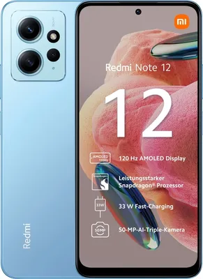 A marketing image of a blue Xiaomi Redmi Note 12 smartphone, showcasing its features.