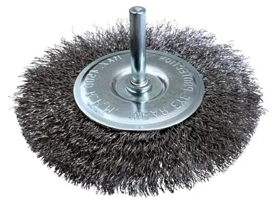 Produktbild von Drahtbürste 100 mm mit 6 mm Schaft – Stahldraht Scheibenbürste für Bohrmaschine und Akkuschrauber – Rundbürste zur Entfernung von Rost, Farbe und zur Metallreinigung