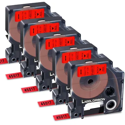 D1 Schriftband 12 mm x 7 m, schwarz auf rot, 5er-Pack