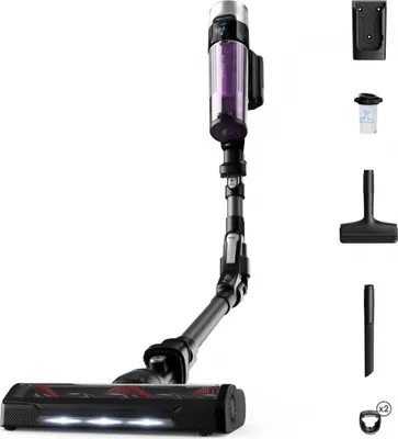 A cordless vacuum cleaner and its accessories are displayed against a white background.