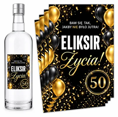 Zdjęcie produktu dla Naklejki na Wódkę 50 Urodziny Eliksir Życia Złote Balony 8 szt
