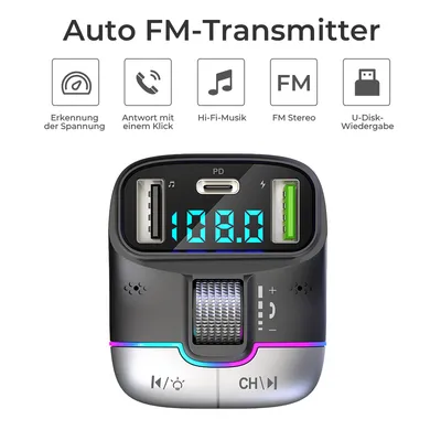 Produktbild von CMYbabee Bluetooth Adapter Auto, Bluetooth 5.3 FM Transmitter KFZ Radio, Stärkere Dual-Mikrofone & HiFi Deep Bass Sound, Music Player, 25W PD, Schwarz