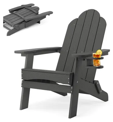 Produktbild von Klappbarer Adirondack-Stuhl, HDPS Gartensessel, wetterfester Gartenstuhl mit Getränkehalter, für Garten, Terrasse, Balkon, Dunkelgrau