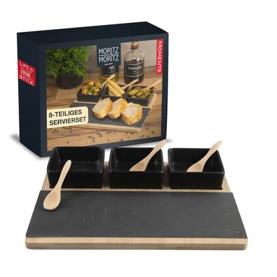 Produktbild von Moritz & Moritz Bambusbrett mit 3 schwarzen Schalen und Schieferplatte