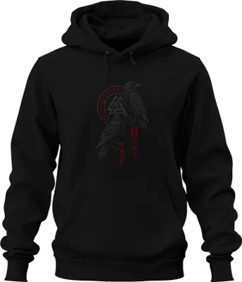 Obrázek produktu pro Viking Raven Odin Raven Hugin Munin Severské runy Valknut Uni mikina s kapucí, černá, S