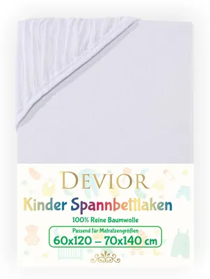 Produktbild von Devior Jersey Kinder Spannbettlaken 60x120 - 70x140 cm weiß Bettlaken 100% Baumwolle bis 12cm Matratzenhöhe Gummizug