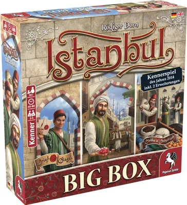 The image shows the front of a board game box, featuring artwork depicting a marketplace scene in Istanbul.