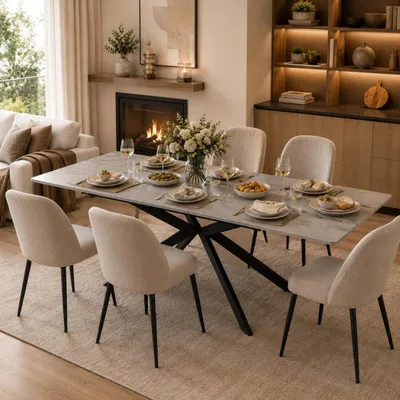 Productafbeelding van Automatisch uitschuifbare eettafel, 150–180 x 70 x 76 cm, rechthoekig, met een kruisframe, gemaakt van MDF en metaal, met een zwart-grijs cementmotief, belastbaar tot 60 kg