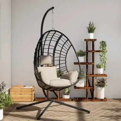 Produktbild von Hängesessel Ei-Design mit Ständer Beige Rattan und Stahl, Hollywoodschaukeln 2024 Neu