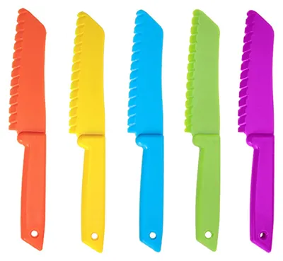 Kindersicherheitsmesser-Set, 5 bunte Plastikmesser, 19,5 cm, Wellenschliff