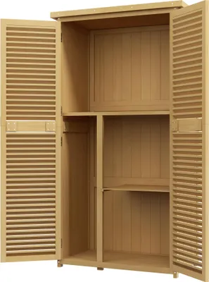 Produktbild von Gartenkommode wetterfest, 2 Türen mit Schloss, Kiefernholz, 87L x 46,5B x 160H cm, Hellgelb