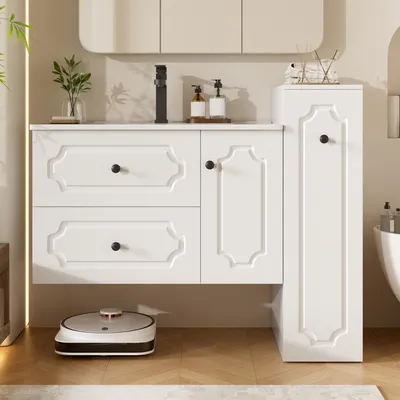 Imagen del producto de Conjunto de muebles de baño con lavabo de cerámica de 107 cm, 2 cajones, armario alto y mueble bajo lavabo suspendido, todo en color blanco