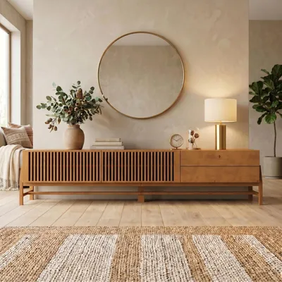 Produktbild von Lowboard ADAMO 220 cm aus Massivholz, Eiche Finish - TV Kommode mit Lamellenschiebetüren, TV Lowboard für Wohnzimmer, Sideboard mit 2 Schubladen, Wohnzimmer TV Schrank