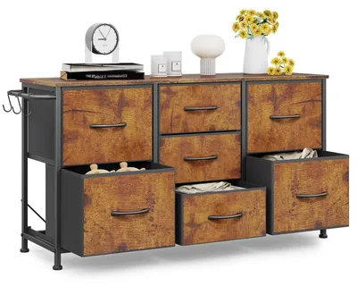Productafbeelding van Kast met 7 lades, industriële metalen ladekast, rustieke bruine kleur, afmetingen 100x30x55 cm