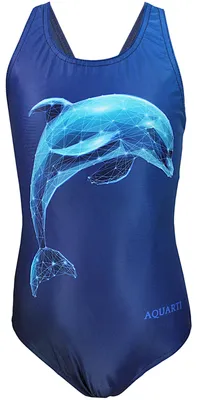 Produktbild von Aquarti Mädchen Badeanzug Chlorresistent Schwimmanzug Muscleback Wassersport Swimsuit, Farbe: Delfin digital Blau / Dunkelblau, Größe: 140