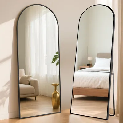 Image de Miroir mural ou sur pied, dimensions 180x76 cm, couleur noire, cadre en aluminium, verre trempé