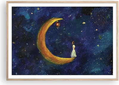 Produktbild von Gerahmtes Poster - Rahmen in heller Eiche - Mädchen auf der Mond - 100x70 cm - Wand Bild - Wanddeko - Wandbilder - Kunstposter - Wandposter - Bilderrahmen - Bilder - Kunstdruck - P2NAA100x70-4575