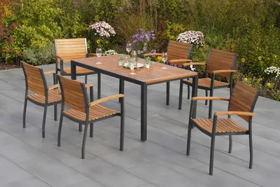 Produktbild von Merxx Gartenmöbel Set Santorin 7tlg., 6 Stapelsessel, Tisch 150 x 90 cm- Aluminium/Akazie