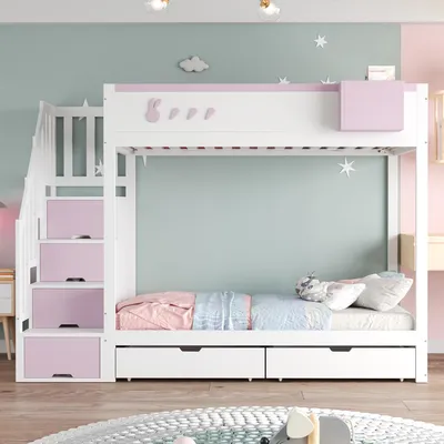 Immagine prodotto di Letto a castello Sweiko per bambini 90x200 cm, con motivi di conigli e carote, contenitore rimovibile, scaletta di sicurezza, cassetti, rete a doghe, letto matrimoniale, bianco + rosa