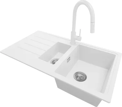 Produktbild von PRIMAGRAN Granitspüle Weiß 90x50cm, Spülbecken 1,5 Becken + Küchenarmatur 40x20cm + Ablauf-Set, Küchenspüle ab 60er Unterschrank - Kopenhagen Duo