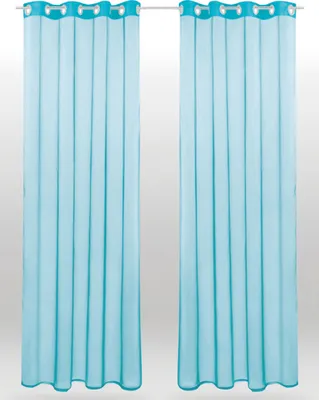 Two turquoise sheer curtains hanging on a curtain rod against a light gray background.