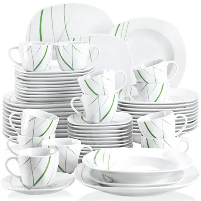 Zdjęcie produktu dla Porcelanowy serwis obiadowy VEWEET, 60-częściowy zestaw naczyń z talerzami obiadowymi, talerzami do zupy, talerzami deserowymi, filiżankami i spodkami
