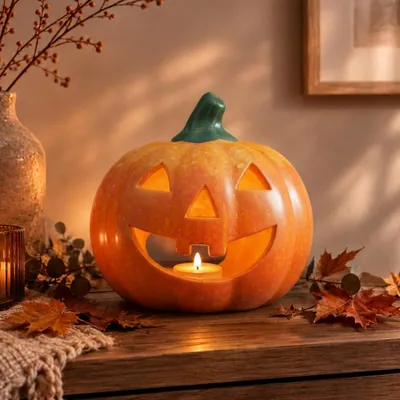 Produktbild von Kürbis-Laterne als LED Halloween-Deko Windlicht in 13x14 cm
