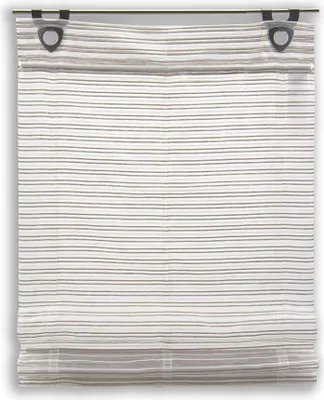 A striped roman blind hanging from a curtain rod.