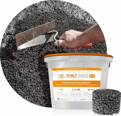 A bucket of asphalt with a trowel applying it, and a sample of the asphalt.