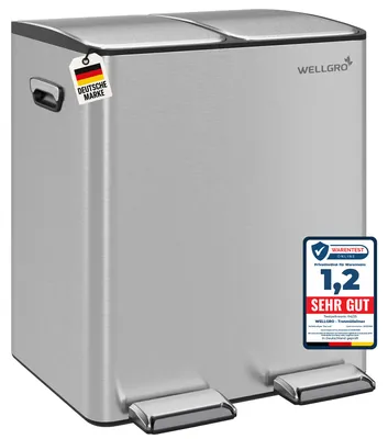 Produktbild von WELLGRO Treteimer 2x15L Silber – Edelstahl mit Softclose & Pedal