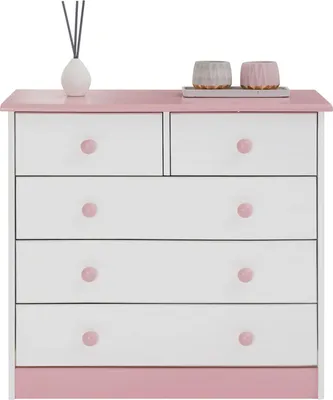 Produktbild von Kommode RONDO, schöne Anrichte mit 5 Schubladen, praktisches Sideboard aus massiver Kiefer in weiß/rosa, zeitlose Schubladenkommode mit Holzgriffe