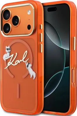 Obrázok produktu pre Karl Lagerfeld IML Choupettes Karl Script Logo, magnetický kryt MagSafe pre iPhone 17 Pro, oranžová farba (KLHMP17L5HKSCAO)