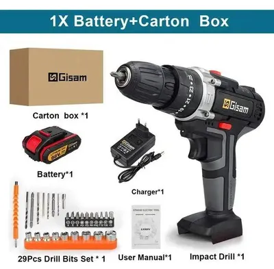 Image de Perceuse-visseuse à percussion sans fil / visseuse sans fil - 18 V - 1 batterie incluse - Diamètre de perçage : 10 mm - Moteur à balais - Boîte en carton - Noir