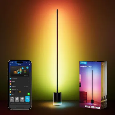 A Govee floor lamp is shown with a smartphone app and product packaging against a gradient background.