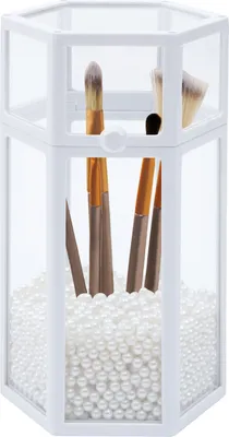 Productafbeelding van Glazen pennenhouder met deksel, zeshoekig, voor make-upkwasten, eyeliner, lippenstift, opbergdoos, make-upstandaard (wit)