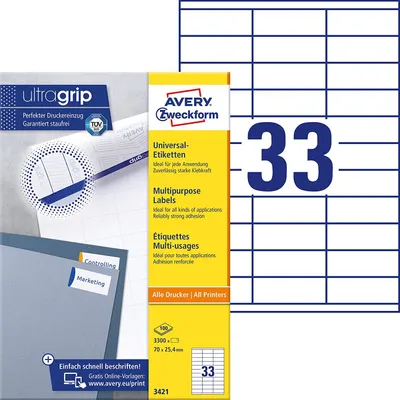 Image de Avery Zweckform 3421 Étiquettes universelles, 70 x 25,4 mm, 100 feuilles/3 300 étiquettes, blanc