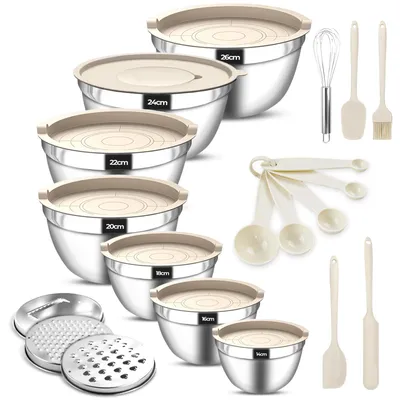 Produktbild von Set aus 7 Edelstahl-Rührschüsseln mit Deckeln, inklusive 3 Reiben und Küchenzubehör, stapelbar und spülmaschinenfest, zum Backen, Kochen und Aufbewahren (φ14–26 cm)