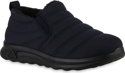 A single dark blue quilted bootie is shown against a white background.