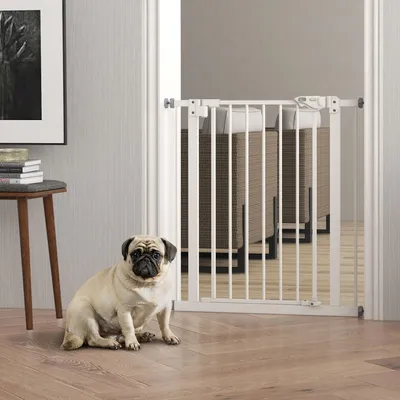 Produktbild von Türschutzgitter Hund, Absperrgitter Treppengitter selbstschließend, Einhandbedienung, Metall, Weiß | 77 cm hoch | 74–80 cm Breite | doppeltes Schloss