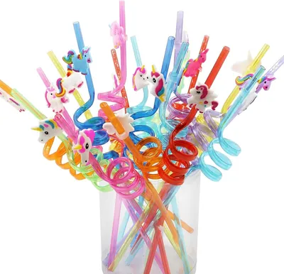 Imagen del producto de Pajitas reutilizables con forma de unicornio, de colores, paquete de 6 unidades, ideales para fiestas de cumpleaños infantiles