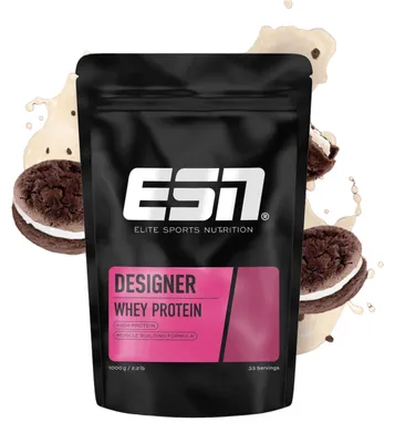 Produktbild von ESN Designer Whey Protein, Pulver, Molkenproteinkonzentrat, Molkenprotein isoliert, Cookies & Cream, L-Alanin, L-Arginin, L-Asparaginsäure, L-Cystein, L-Glutaminsäure, L-Glycin, L-Histidin,..., 22 g, 112 kcal