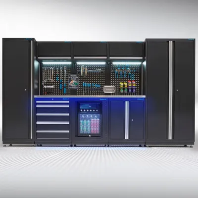 Produktbild von Werkstatteinrichtung PREMIUM Edelstahl-Arbeitsplatte mit Kühlschrank – 354 cm